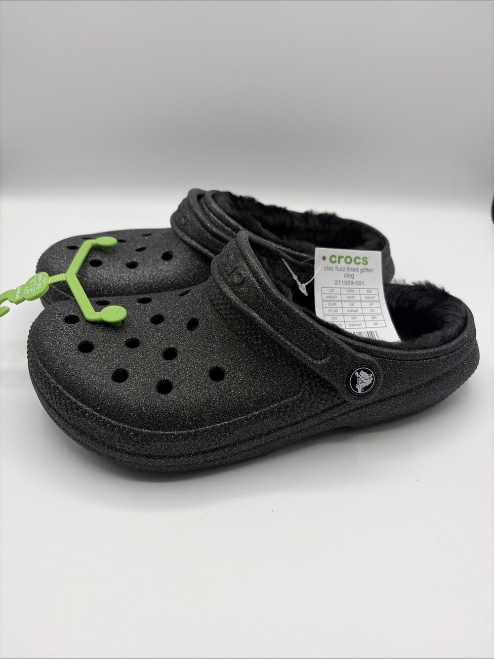 CROCS Classic Fuzz Lined Glitter Clog Black 211928-001 Sz US M5 W7 EUR 37-38 NWT